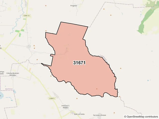 Mapa del código postal 31671, Bachíniva, Chihuahua