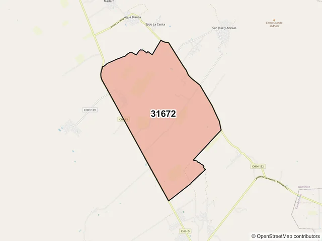 Mapa del código postal 31672, Bachíniva, Chihuahua