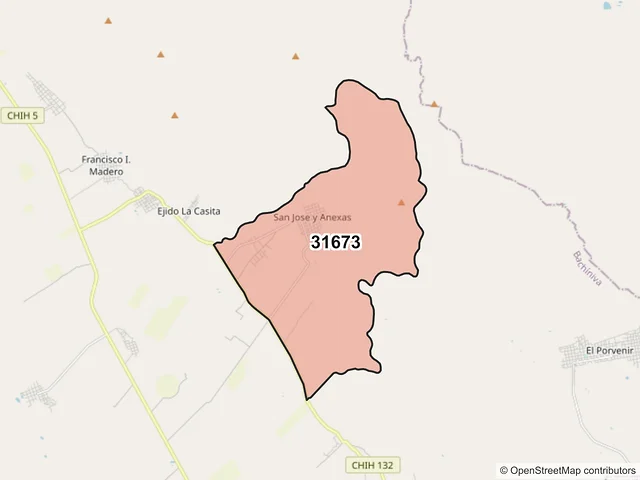 Mapa del código postal 31673, Bachíniva, Chihuahua