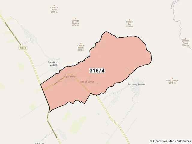 Mapa del código postal 31674, Bachíniva, Chihuahua