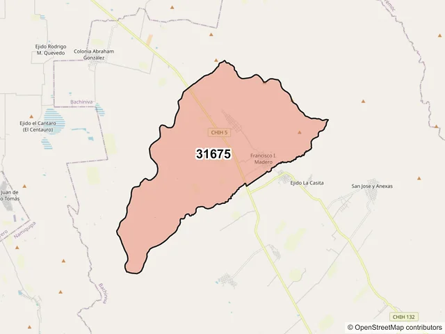 Mapa del código postal 31675, Bachíniva, Chihuahua