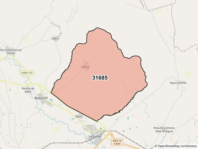 Mapa del código postal 31685, Guerrero, Chihuahua