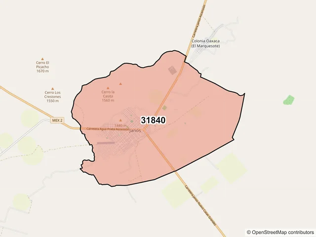 Mapa del código postal 31840, Janos, Chihuahua