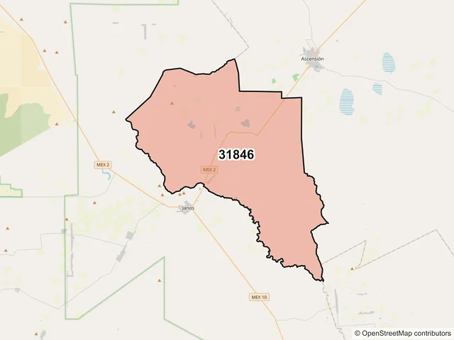 Mapa del código postal 31846, Janos, Chihuahua