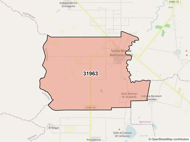Mapa del código postal 31963, Namiquipa, Chihuahua