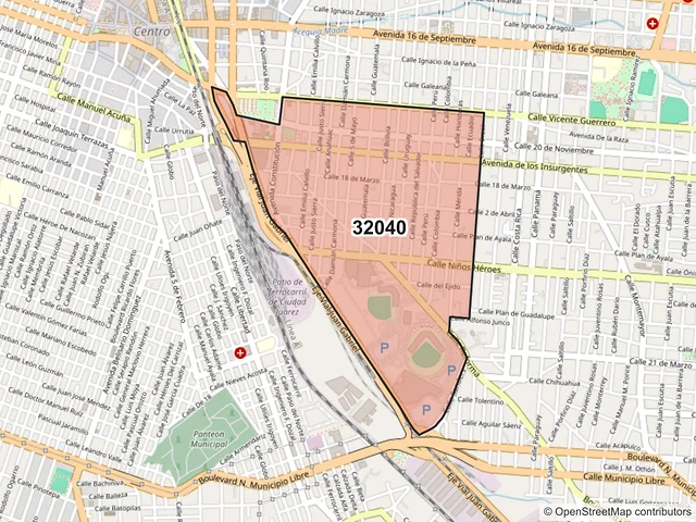 Mapa del código postal 32040, Juárez, Chihuahua