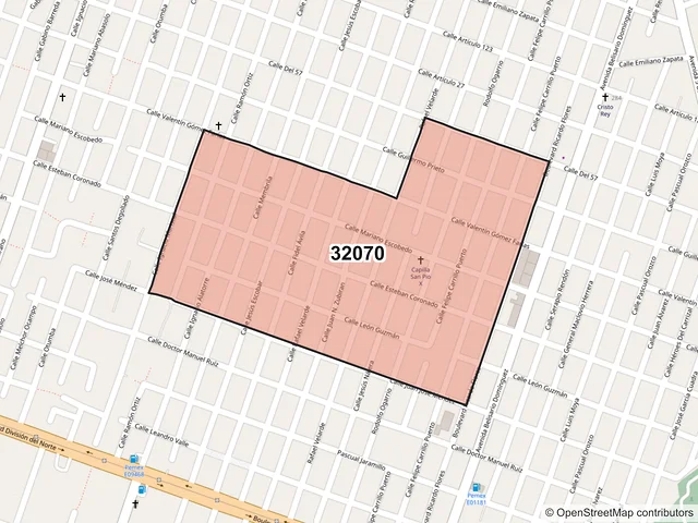 Mapa del código postal 32070, Juárez, Chihuahua