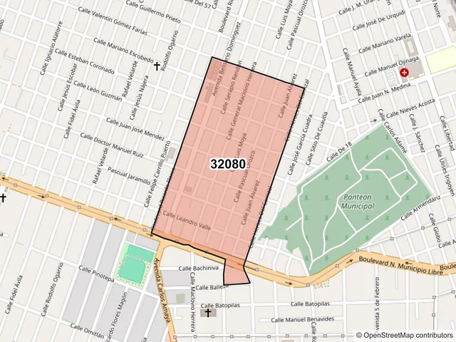 Mapa del código postal 32080, Juárez, Chihuahua