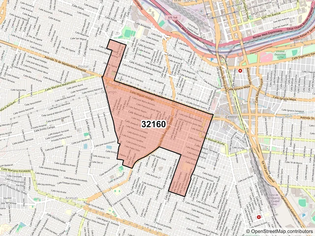 Mapa del código postal 32160, Juárez, Chihuahua