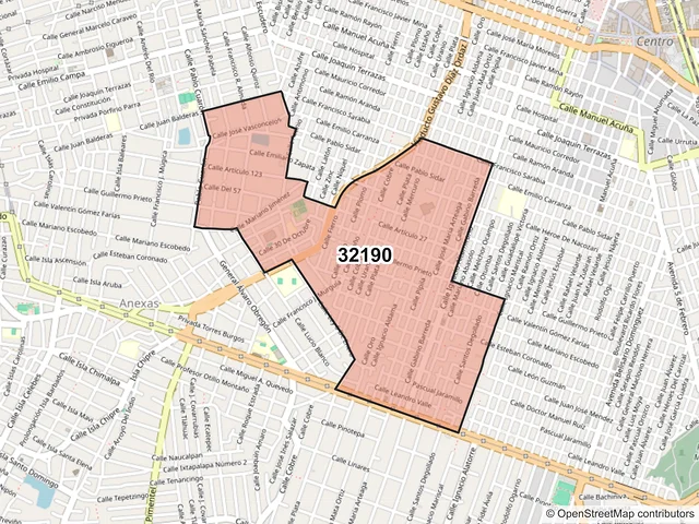 Mapa del código postal 32190, Juárez, Chihuahua