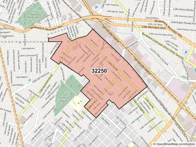 Mapa del código postal 32250, Juárez, Chihuahua
