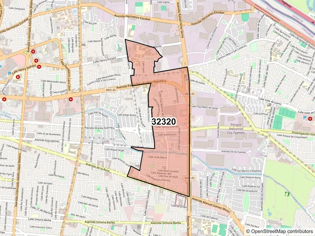 Mapa del código postal 32320, Juárez, Chihuahua