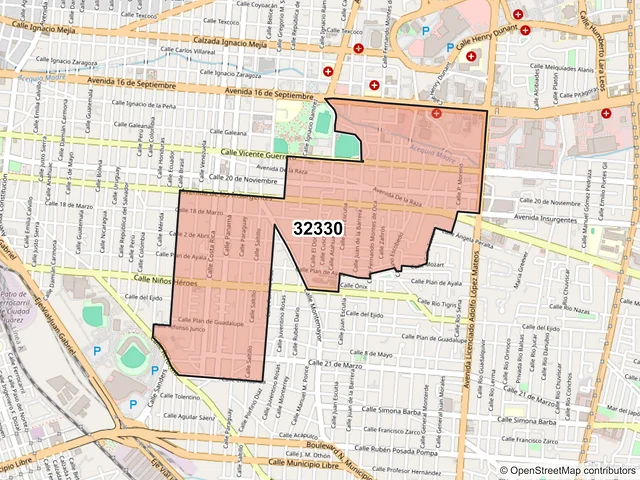 Mapa del código postal 32330, Juárez, Chihuahua