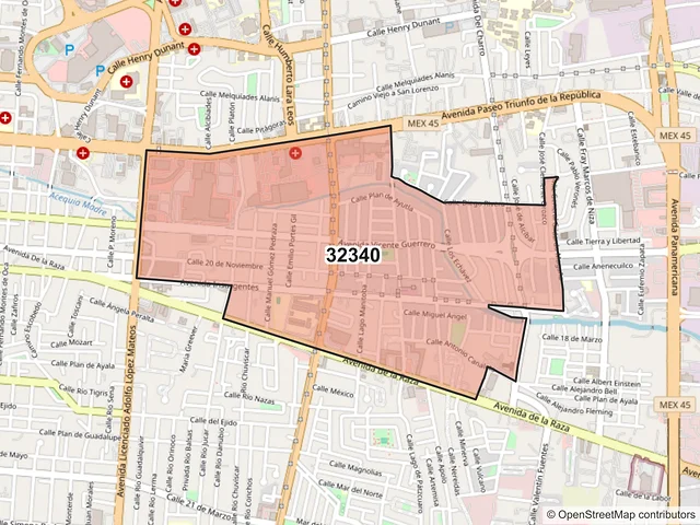 Mapa del código postal 32340, Juárez, Chihuahua