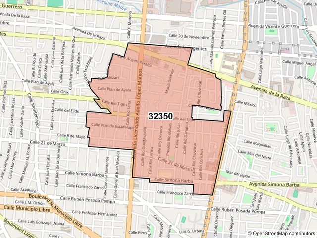 Mapa del código postal 32350, Juárez, Chihuahua