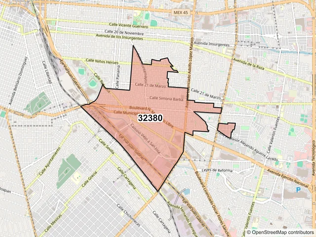 Mapa del código postal 32380, Juárez, Chihuahua