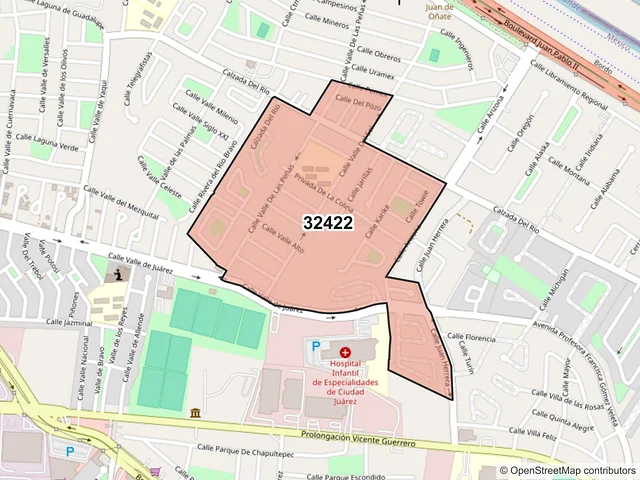Mapa del código postal 32422, Juárez, Chihuahua