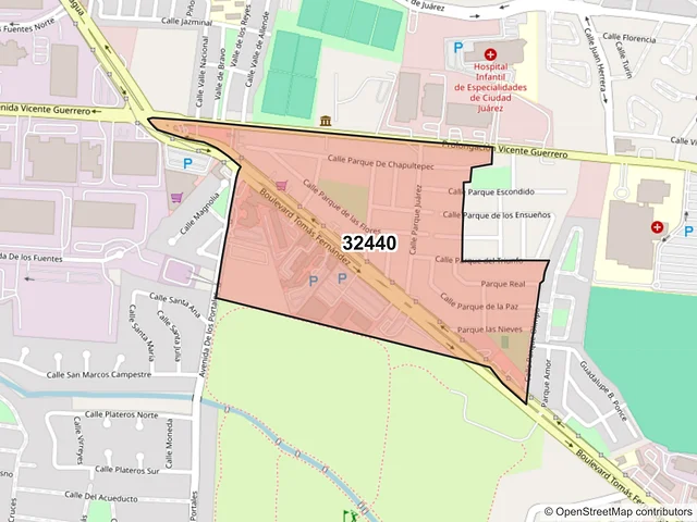 Mapa del código postal 32440, Juárez, Chihuahua