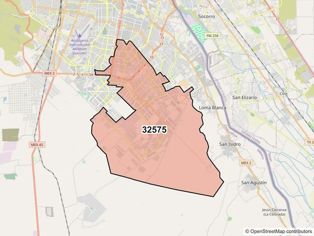 Mapa del código postal 32575, Juárez, Chihuahua