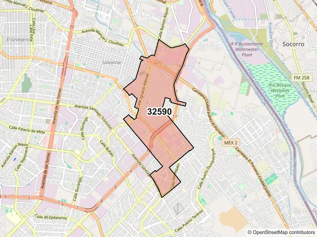 Mapa del código postal 32590, Juárez, Chihuahua