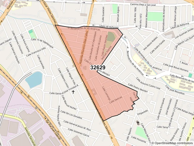 Mapa del código postal 32629, Juárez, Chihuahua