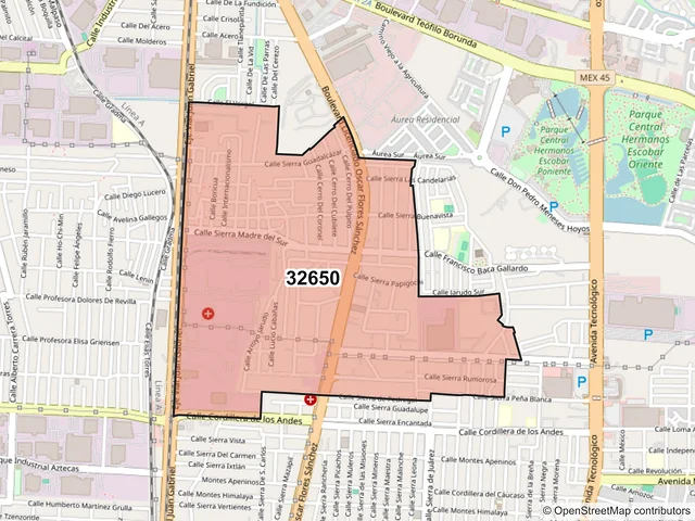 Mapa del código postal 32650, Juárez, Chihuahua