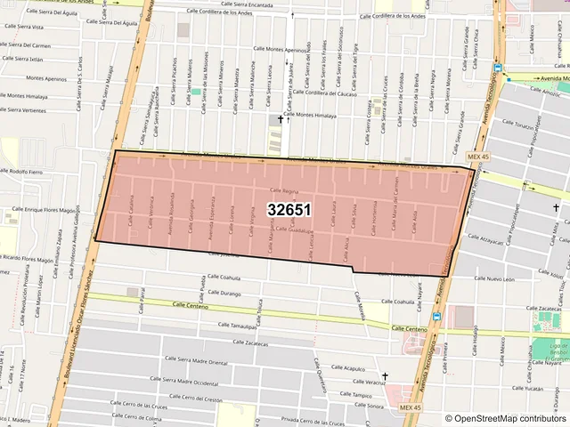 Mapa del código postal 32651, Juárez, Chihuahua