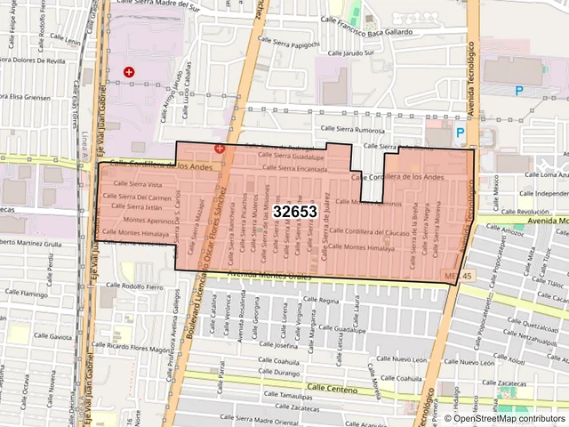 Mapa del código postal 32653, Juárez, Chihuahua