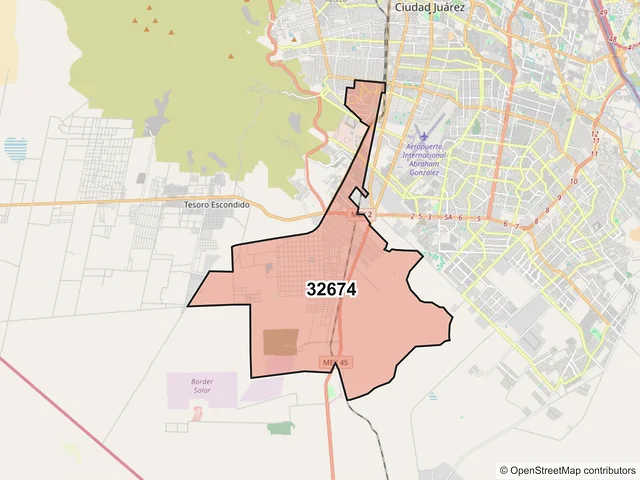 Mapa del código postal 32674, Juárez, Chihuahua