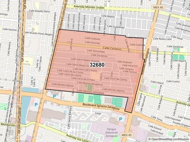 Mapa del código postal 32680, Juárez, Chihuahua