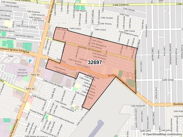 Mapa del código postal 32697, Juárez, Chihuahua