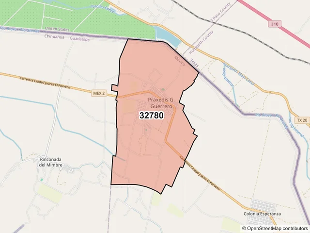 Mapa del código postal 32780, Praxedis G. Guerrero, Chihuahua