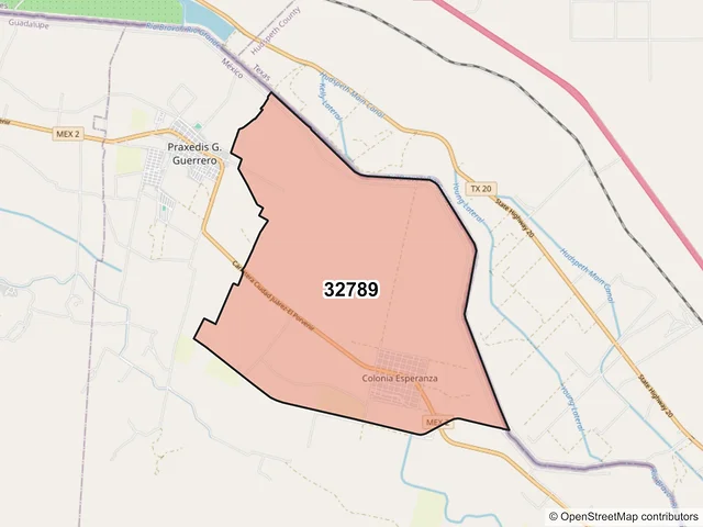 Mapa del código postal 32789, Praxedis G. Guerrero, Chihuahua