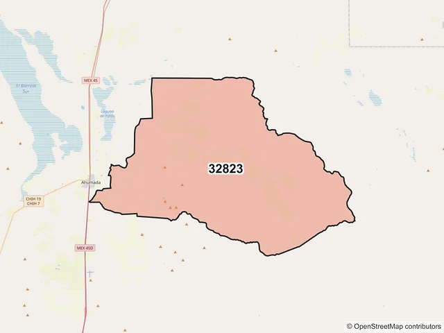 Mapa del código postal 32823, Ahumada, Chihuahua