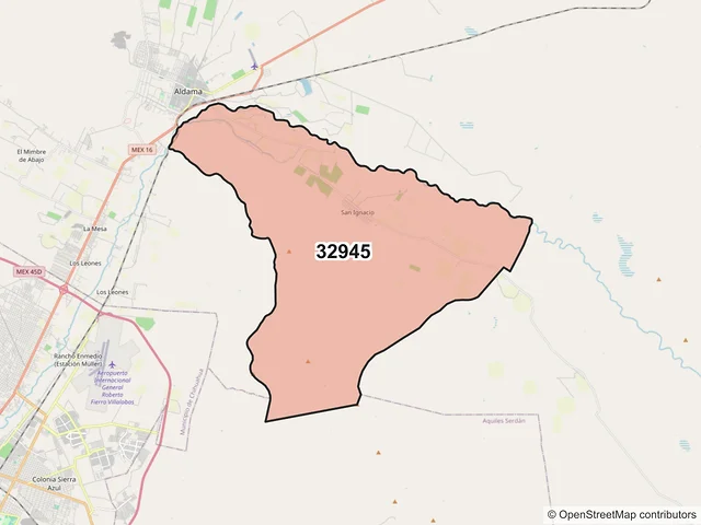 Mapa del código postal 32945, Aldama, Chihuahua