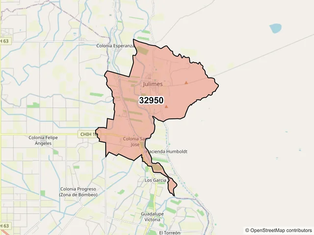 Mapa del código postal 32950, Julimes, Chihuahua