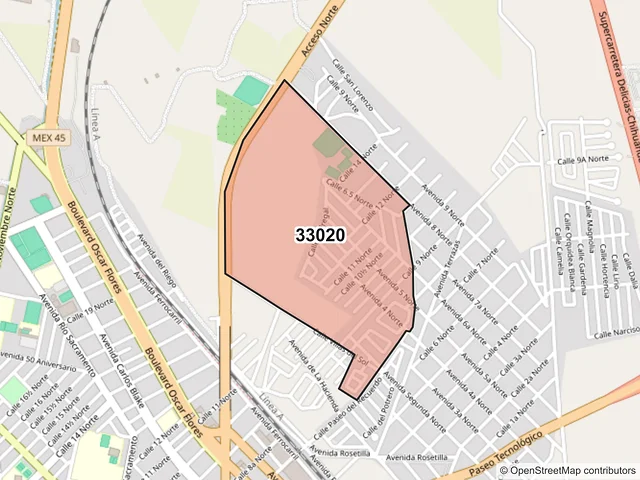 Mapa del código postal 33020, Delicias, Chihuahua