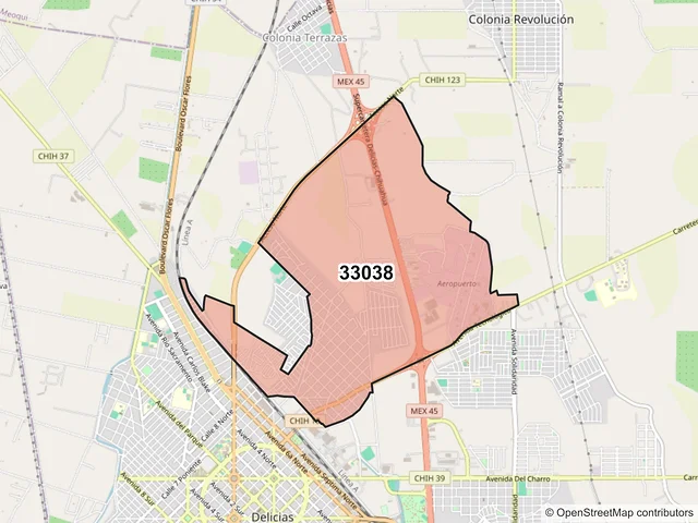 Mapa del código postal 33038, Delicias, Chihuahua