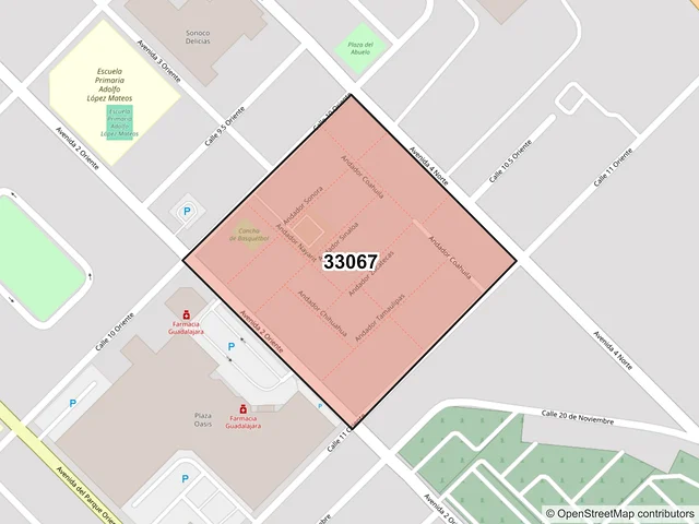 Mapa del código postal 33067, Delicias, Chihuahua