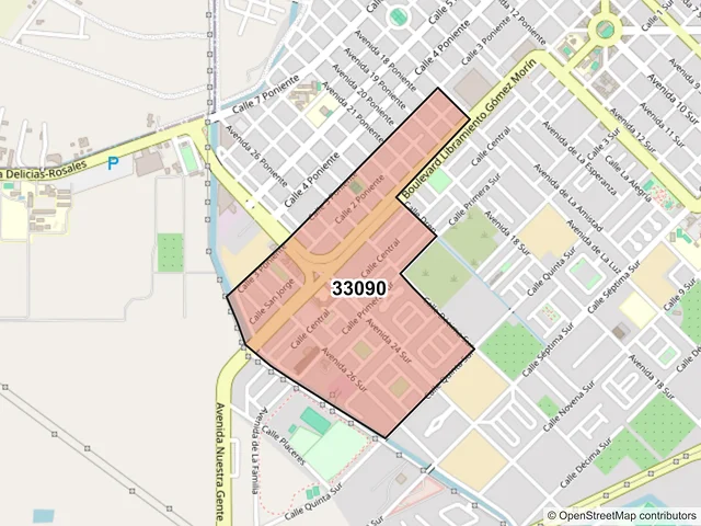 Mapa del código postal 33090, Delicias, Chihuahua