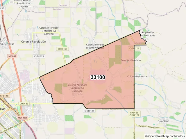 Mapa del código postal 33100, Delicias, Chihuahua