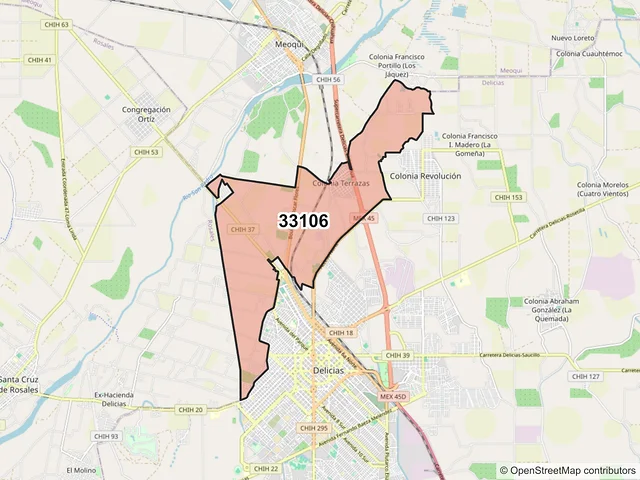 Mapa del código postal 33106, Delicias, Chihuahua
