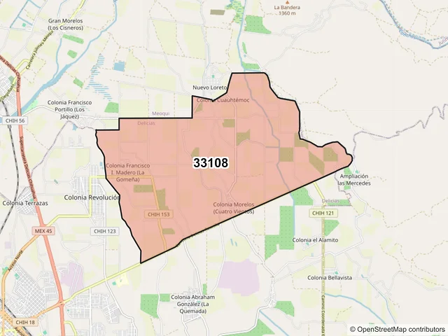 Mapa del código postal 33108, Delicias, Chihuahua