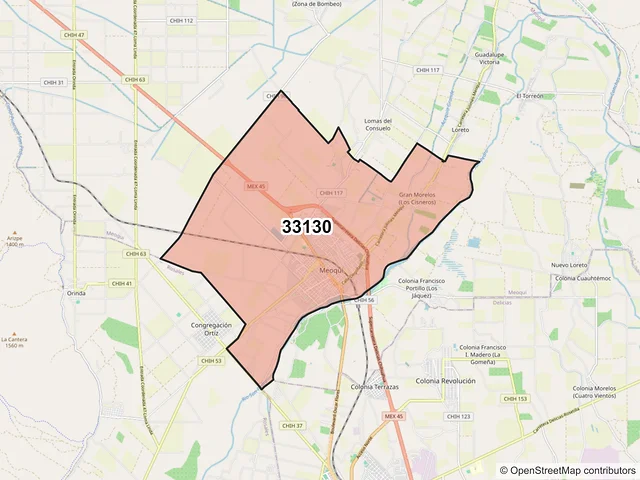 Mapa del código postal 33130, Meoqui, Chihuahua