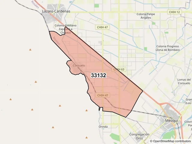 Mapa del código postal 33132, Meoqui, Chihuahua