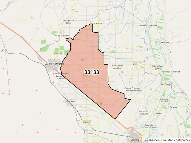 Mapa del código postal 33133, Meoqui, Chihuahua