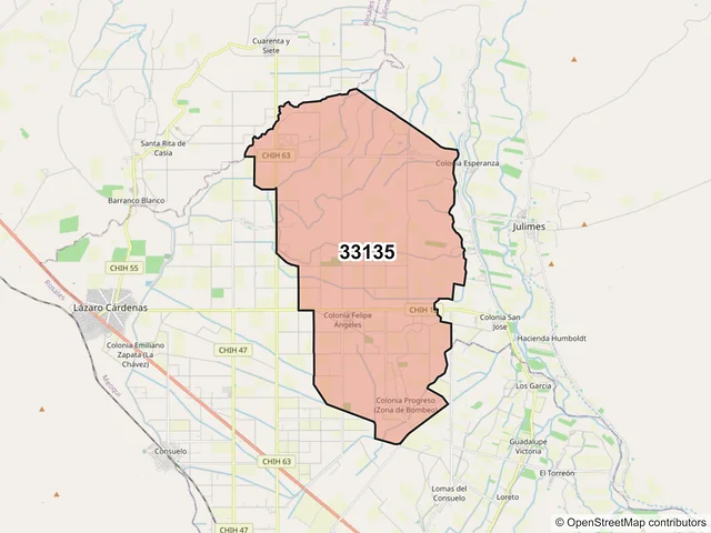 Mapa del código postal 33135, Meoqui, Chihuahua