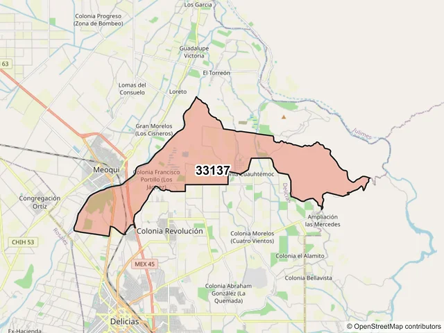 Mapa del código postal 33137, Meoqui, Chihuahua