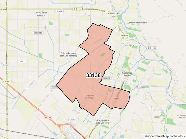 Mapa del código postal 33138, Meoqui, Chihuahua