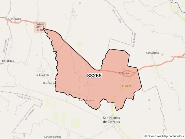 Mapa del código postal 33265, Gran Morelos, Chihuahua